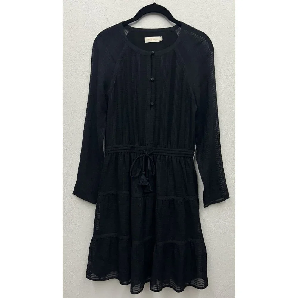 Tory Burch Silk Dress Size 2 Black Long Sleeve Knee Length Wedding Guest